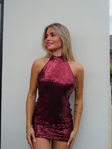 Vestido halter glitter burdeos