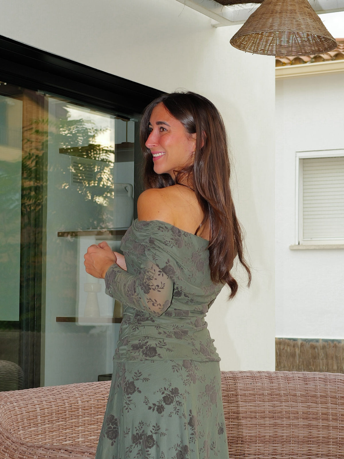 Vestido largo tulle estampado velvet oliva