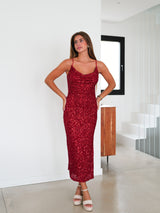 Vestido midi cascada glitter rojo