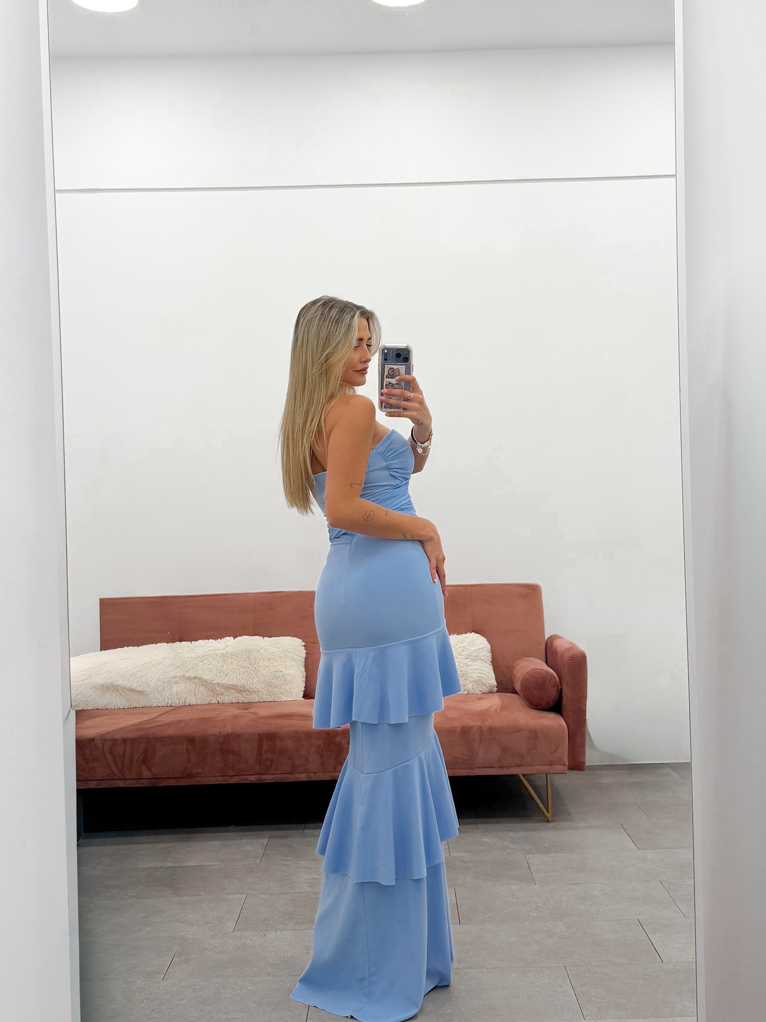 Vestido volantes multi tulle celeste