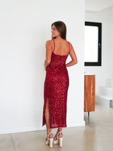 Vestido midi cascada glitter rojo