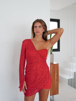 Vestido mini asim corsé glitter rojo