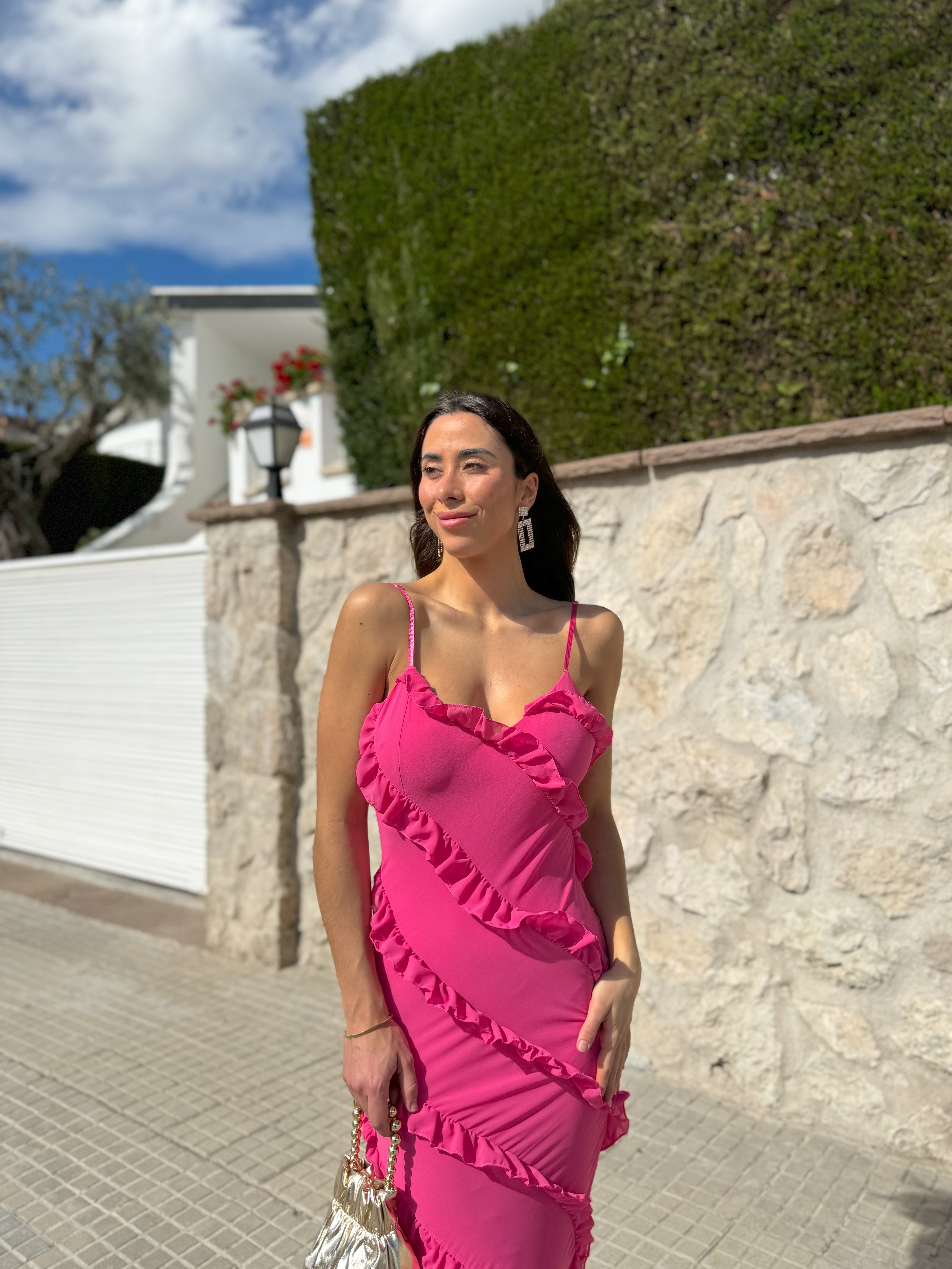 Vestido volantes crepe rosa