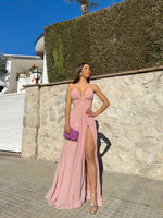 Vestido crepe pico rosado