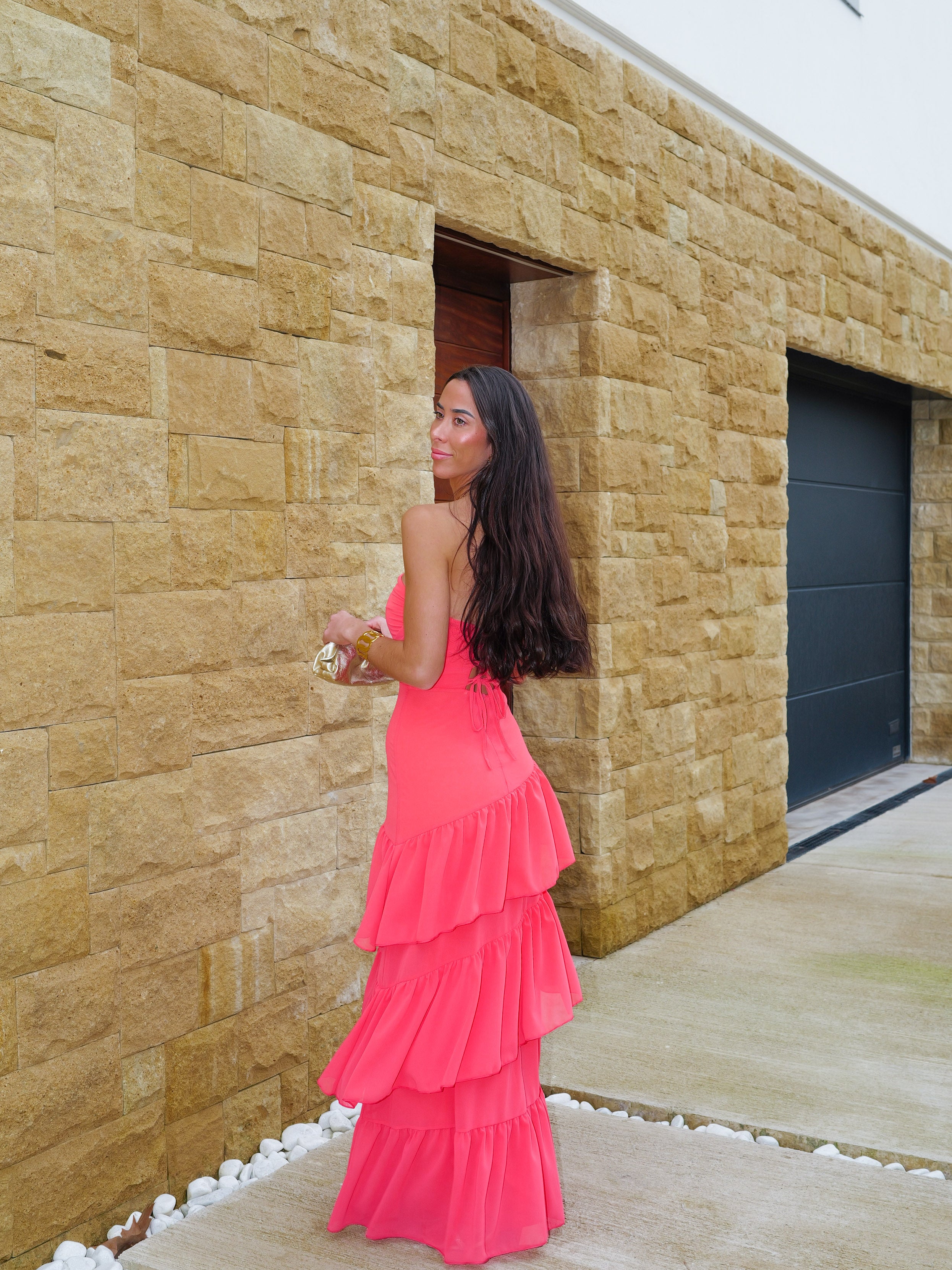 Vestido palabra volantes coral