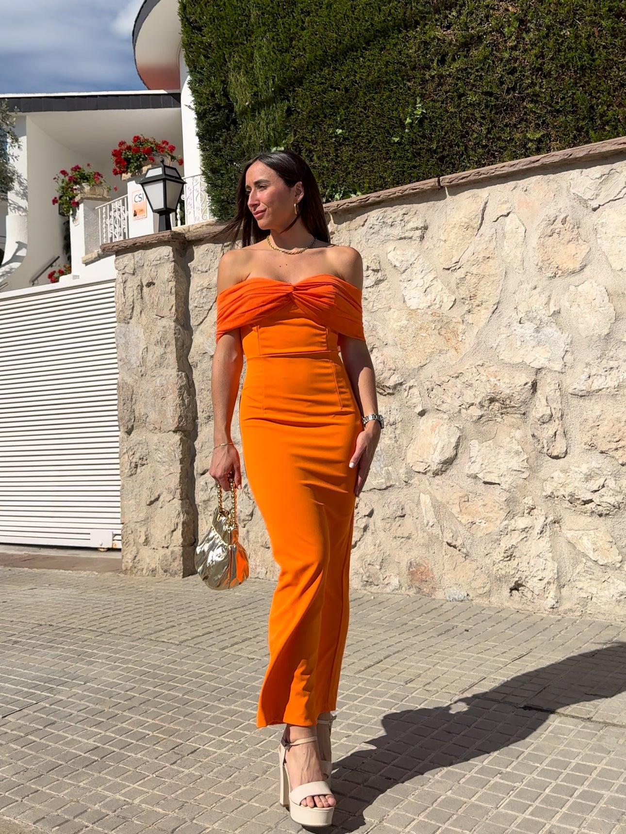 Vestido midi bardot tulle naranja