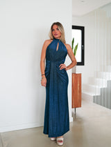 Vestido lurex halter ovalo azul