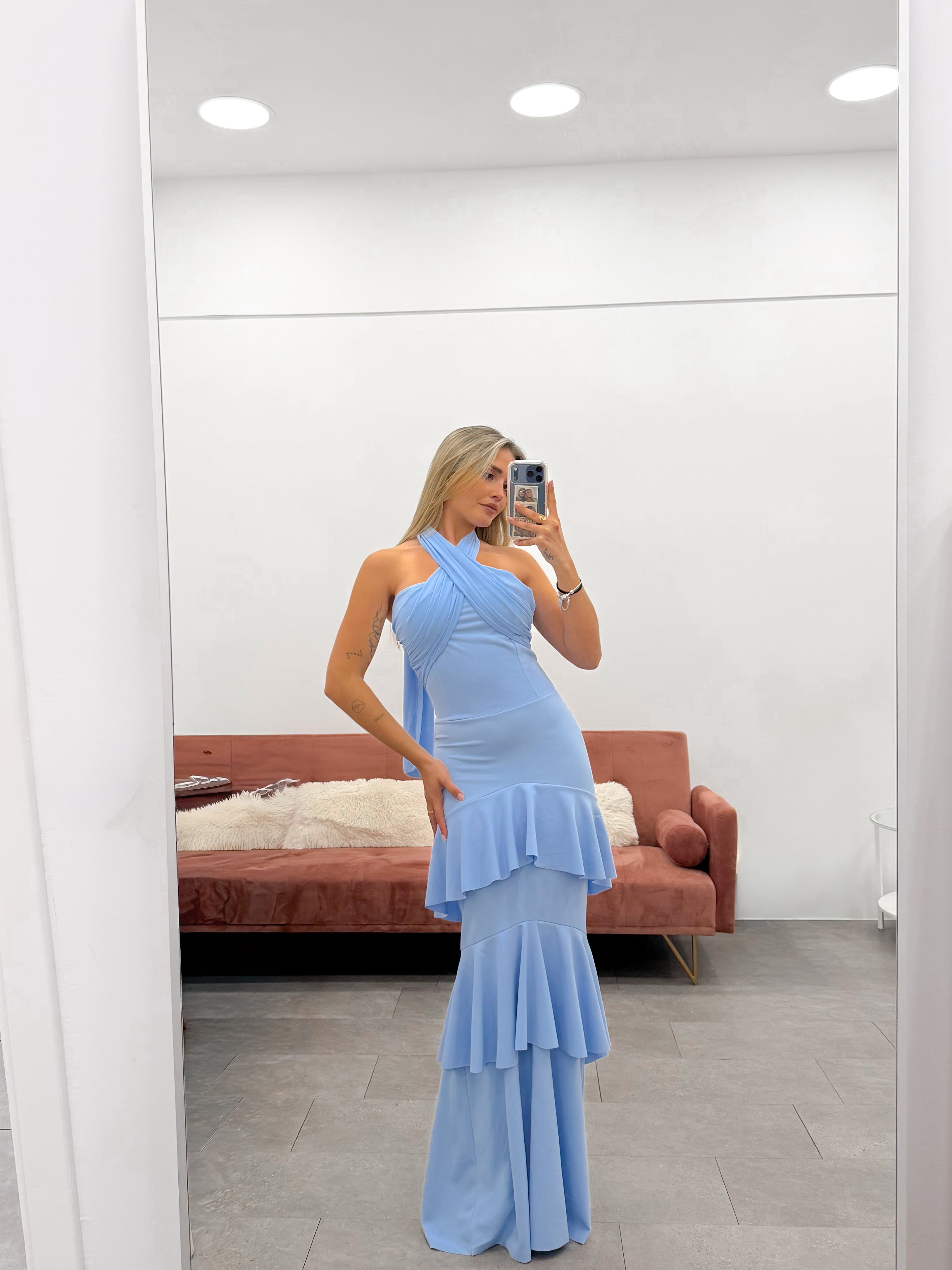 Vestido volantes multi tulle celeste