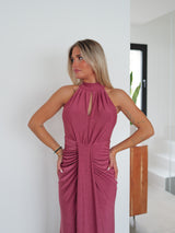 Vestido lurex halter ovalo burdeos