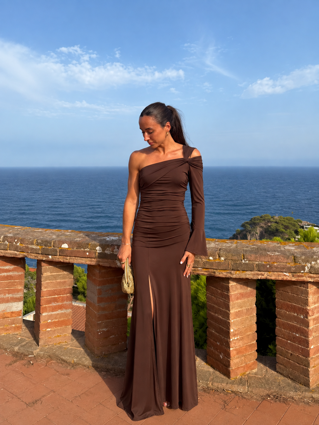 Vestido asim nudo manga larga chocolate
