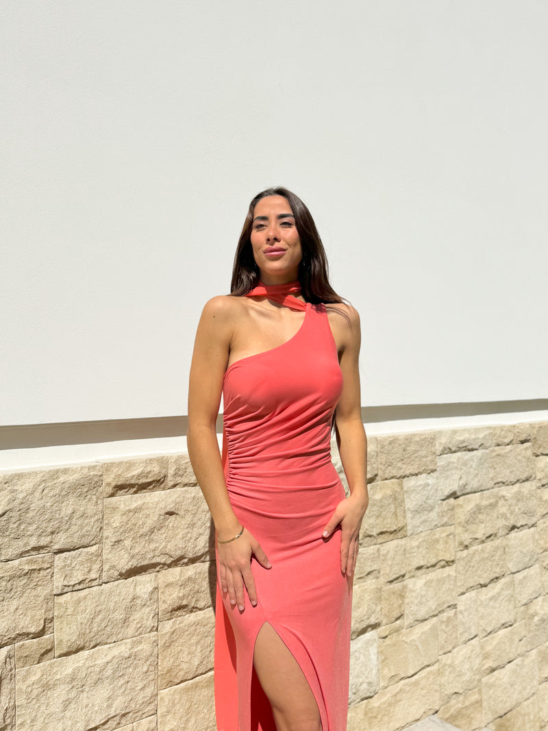 Vestido frunce choker espalda coral