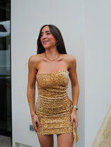 Vestido glitter volante velvet dorado