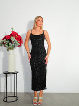 Vestido midi cascada glitter negro