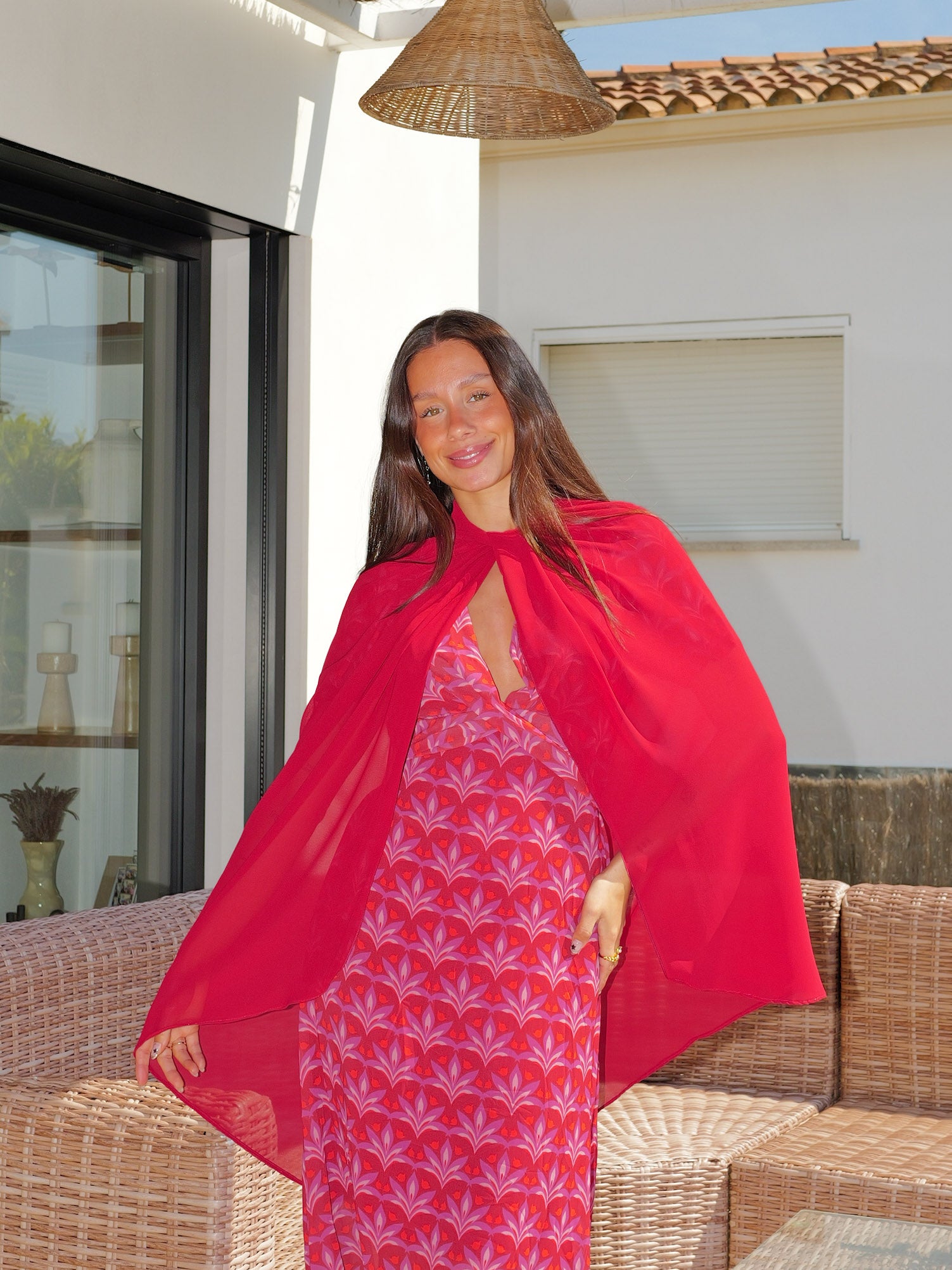 Capa gasa larga botón burdeos