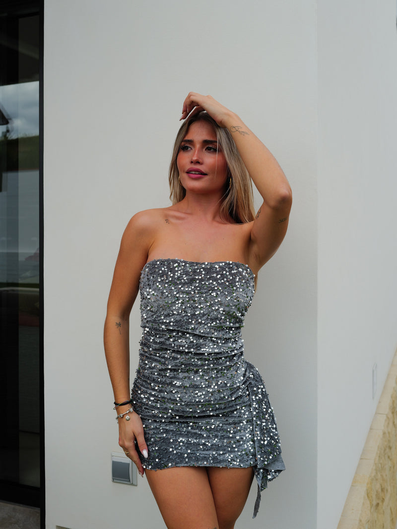 Vestido glitter volante velvet gris