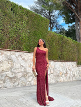 Vestido glitter asim sirena burdeos