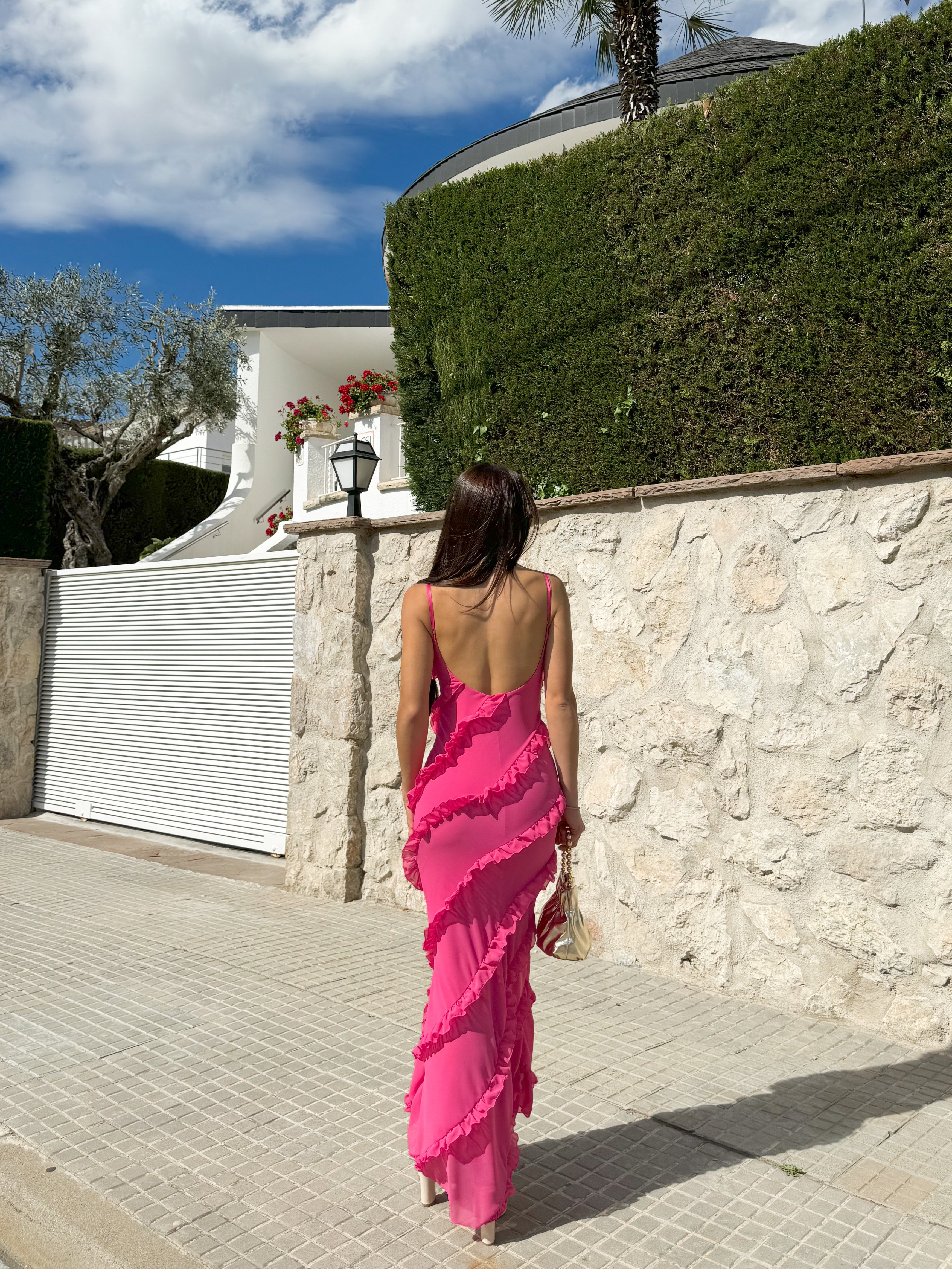 Vestido volantes crepe rosa