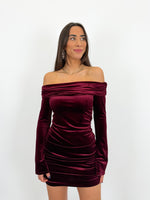 Vestido bardot velvet burdeos