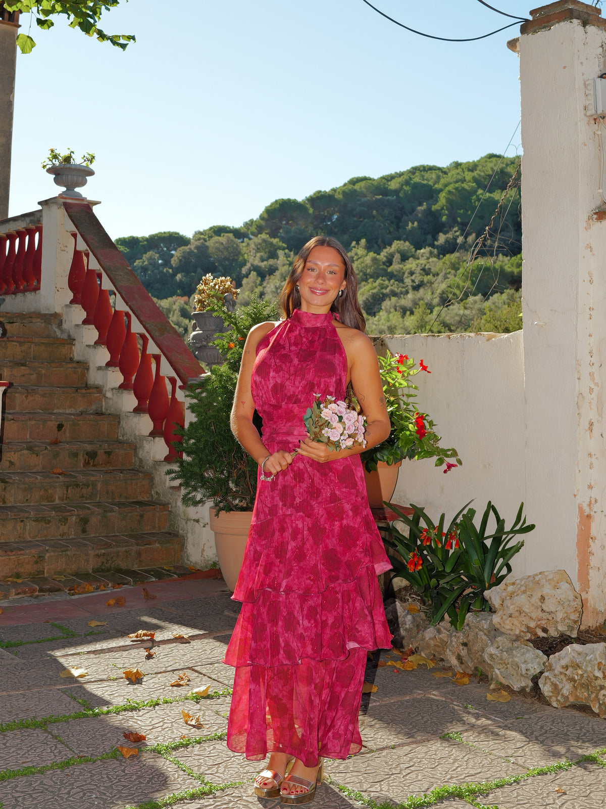 Red midi dress with a halter neckline and ruffles