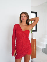 Vestido mini asim corsé glitter rojo