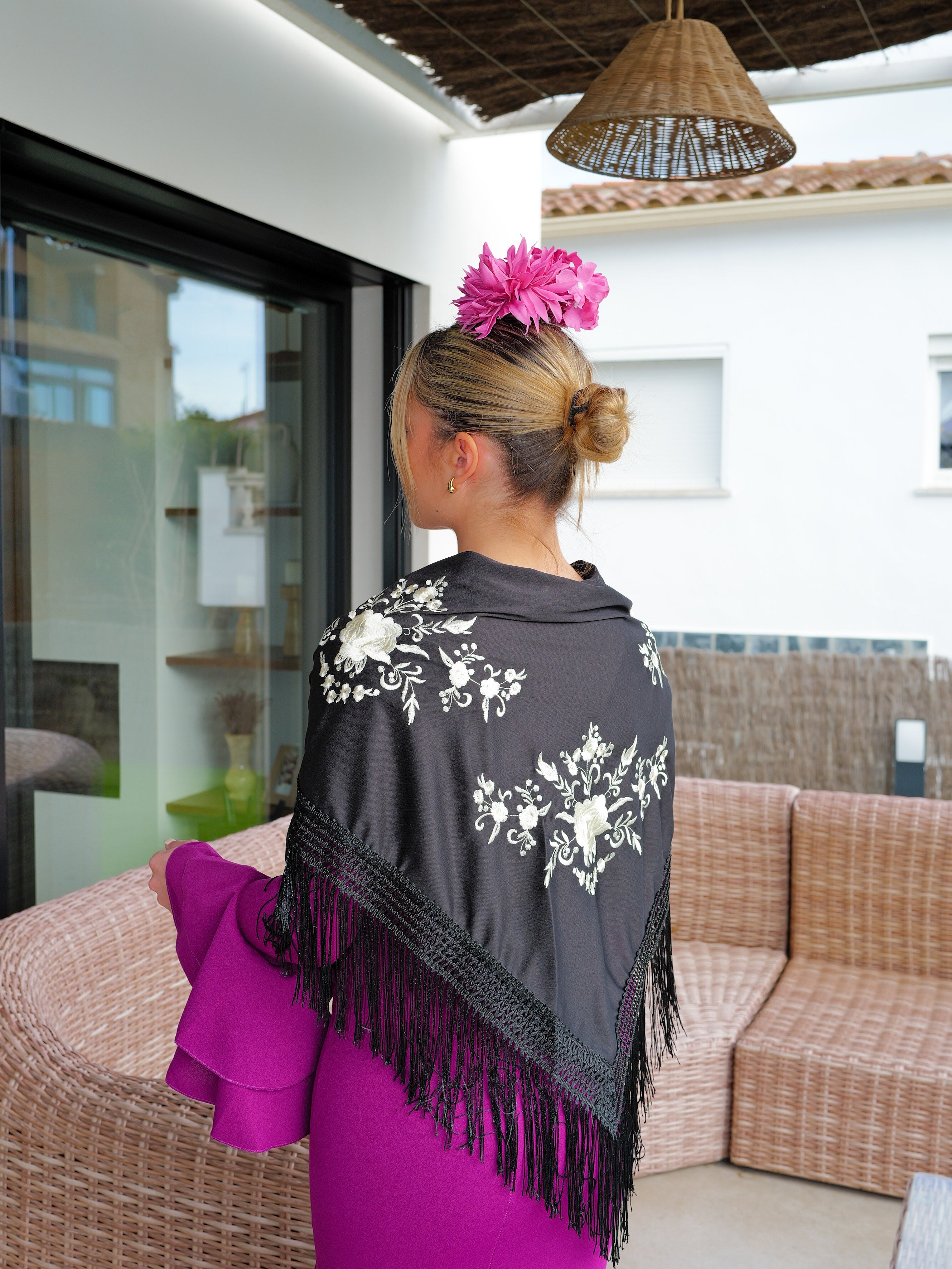 Black flamenco shawl embroidered with cream flowers