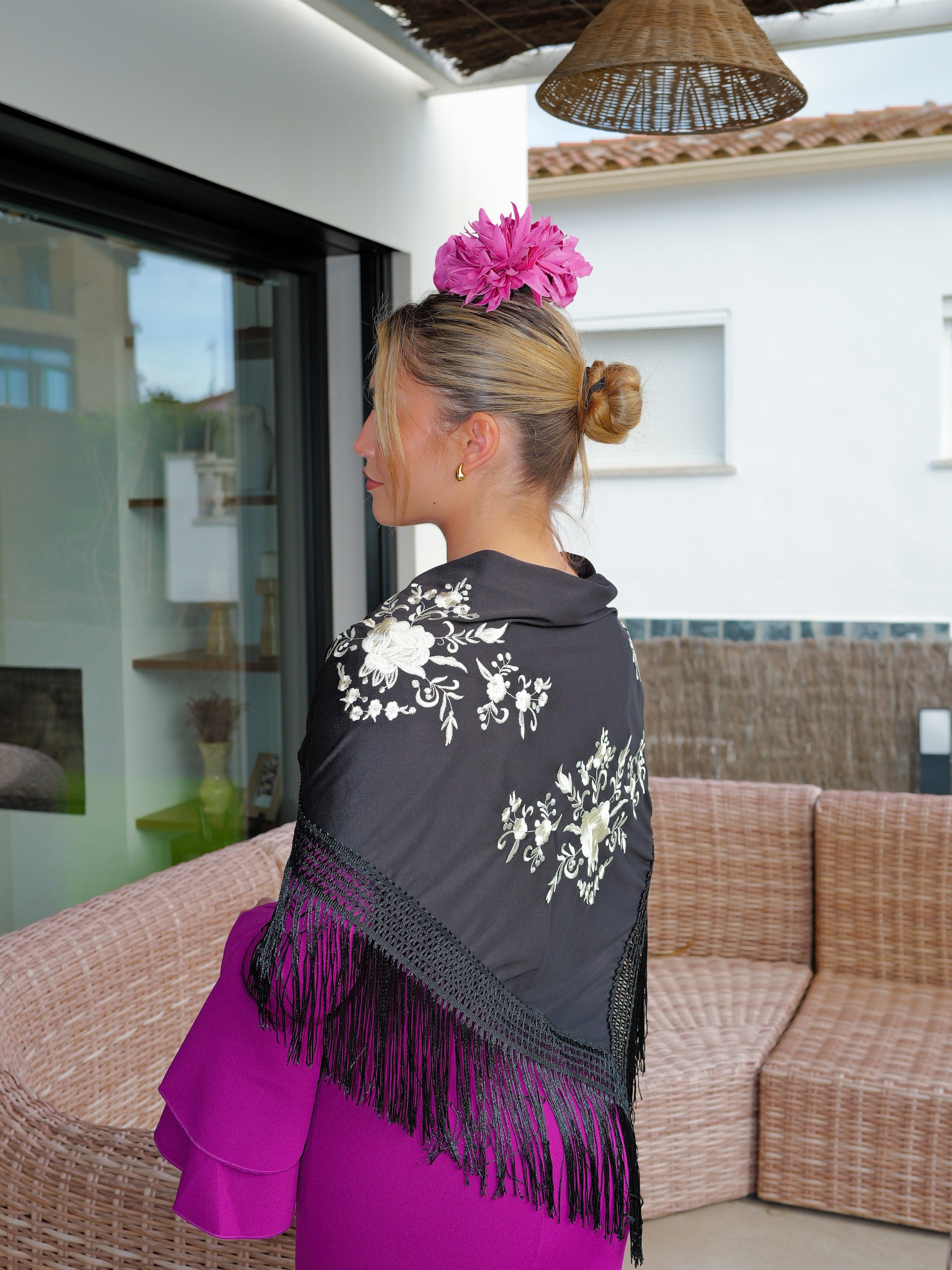 Black flamenco shawl embroidered with cream flowers