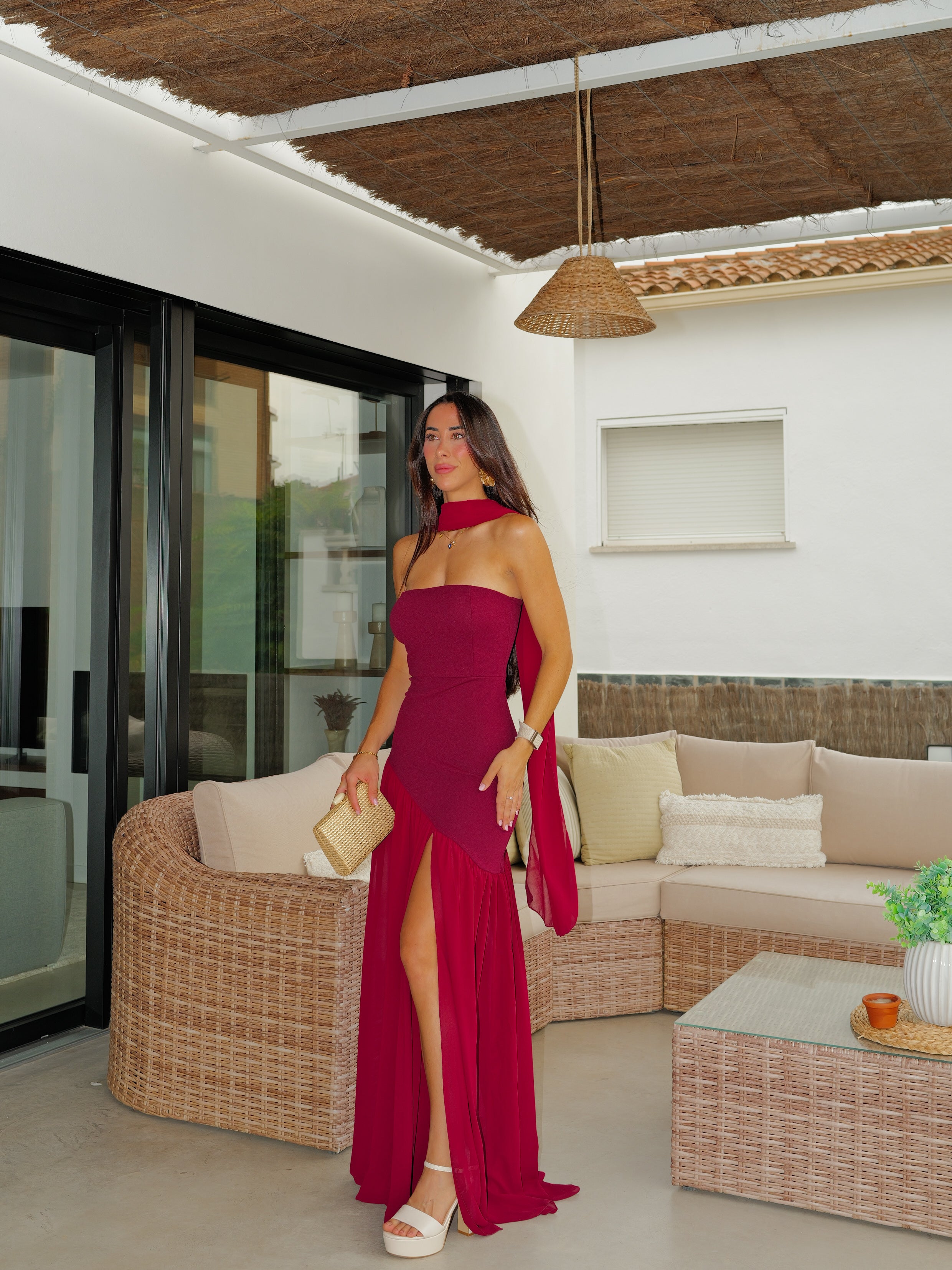 Vestido palabra falda tulle burdeos