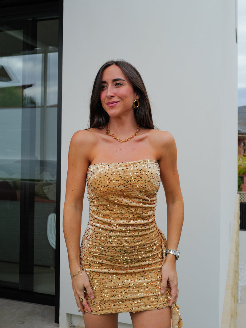 Vestido glitter volante velvet dorado