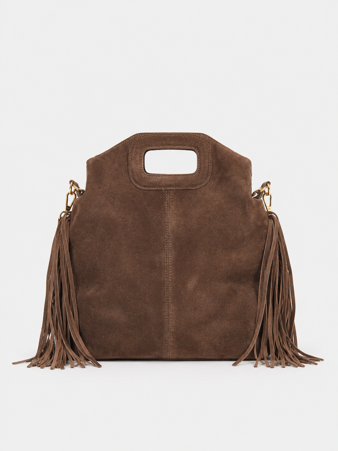 Bolsa em pele lisa com franjas em chocolate