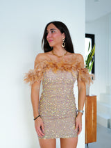 Vestido mini plumas glitter beige