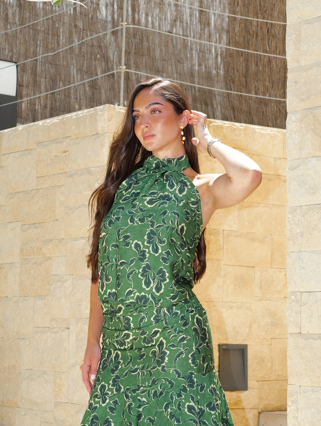 Conjunto halter estampado volantes verde