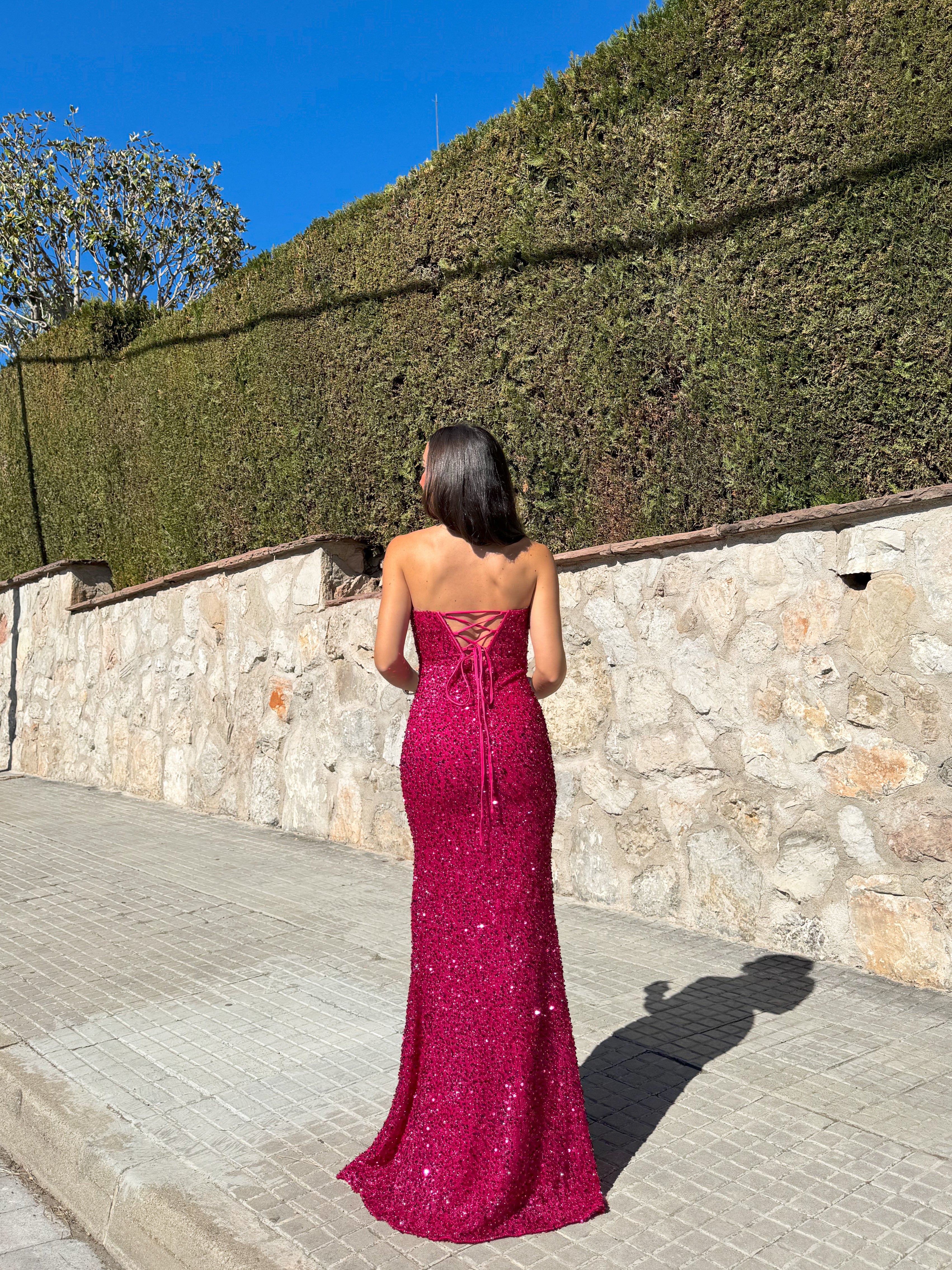 Vestido corse sirena glitter fucsia