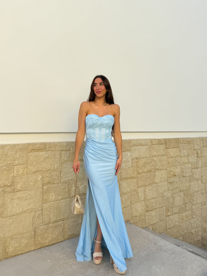 Vestido corse sirena boradado celeste