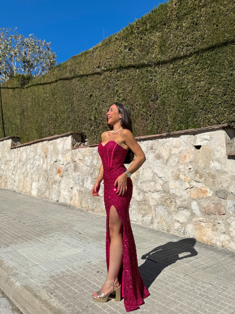 Vestido corse sirena glitter fucsia