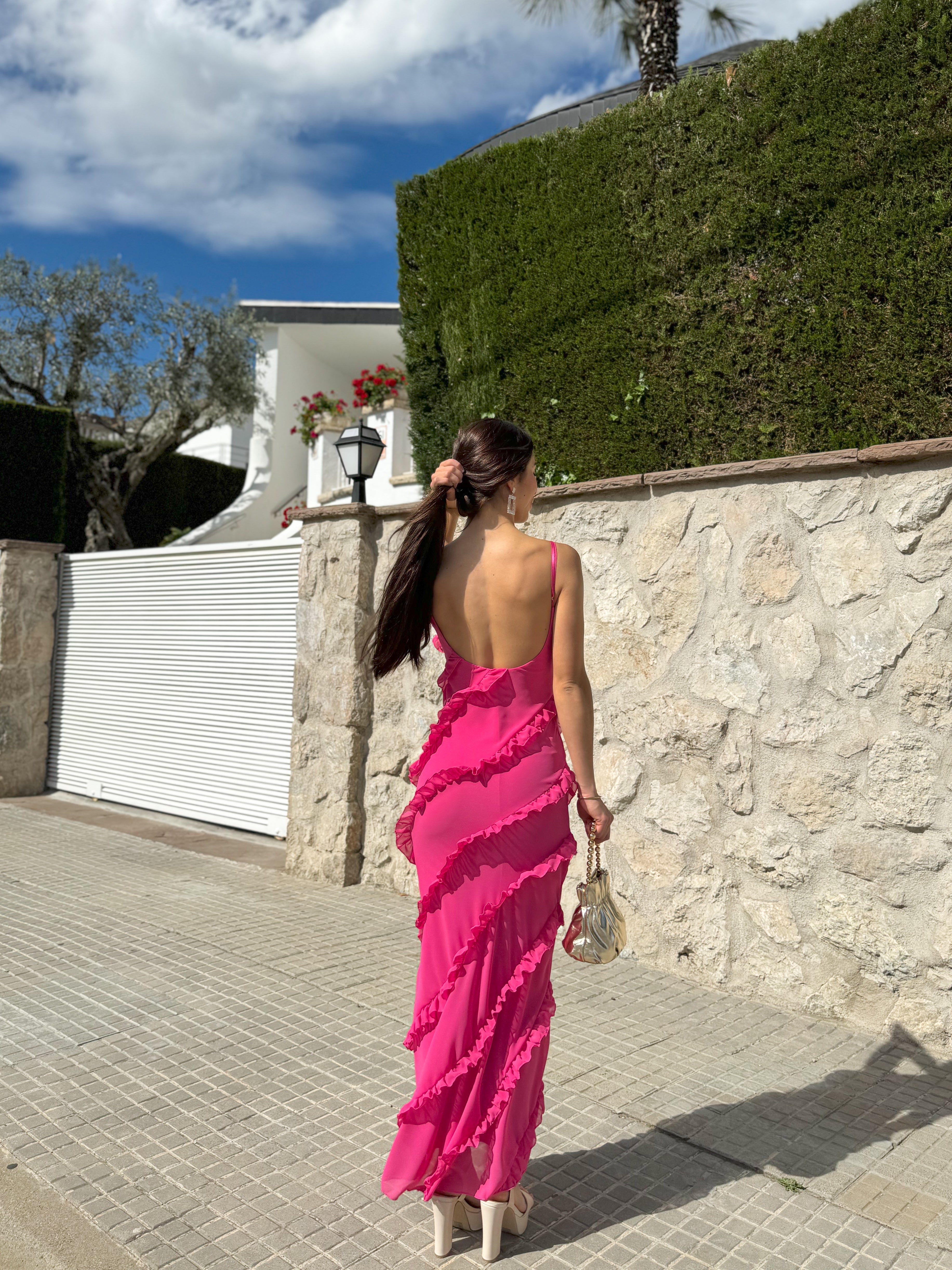 Vestido volantes crepe rosa