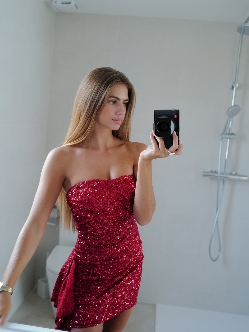 Vestido glitter banda volante rojo