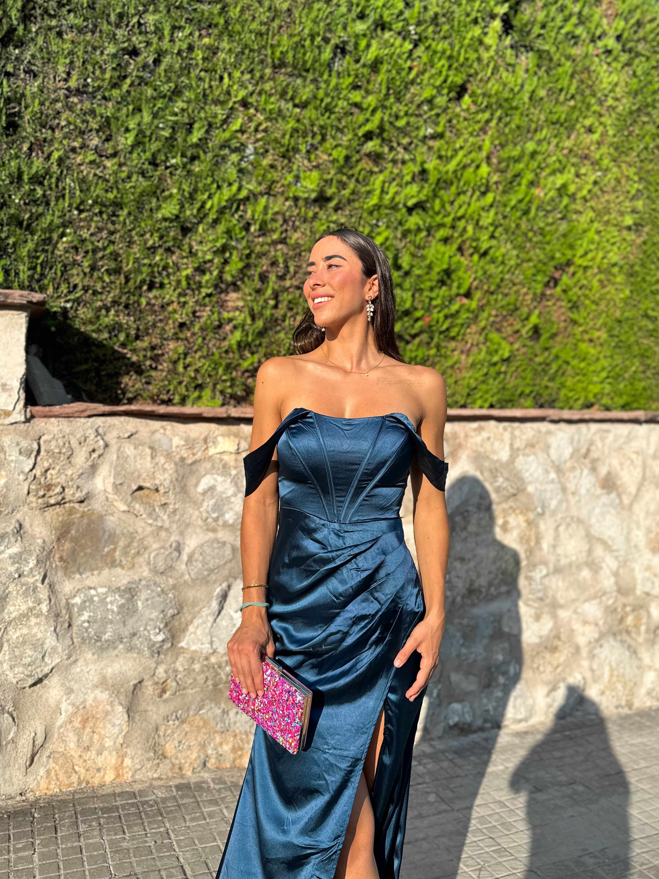 Robe baleines en satin pétrole