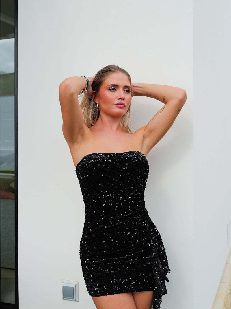 Vestido glitter volante velvet negro