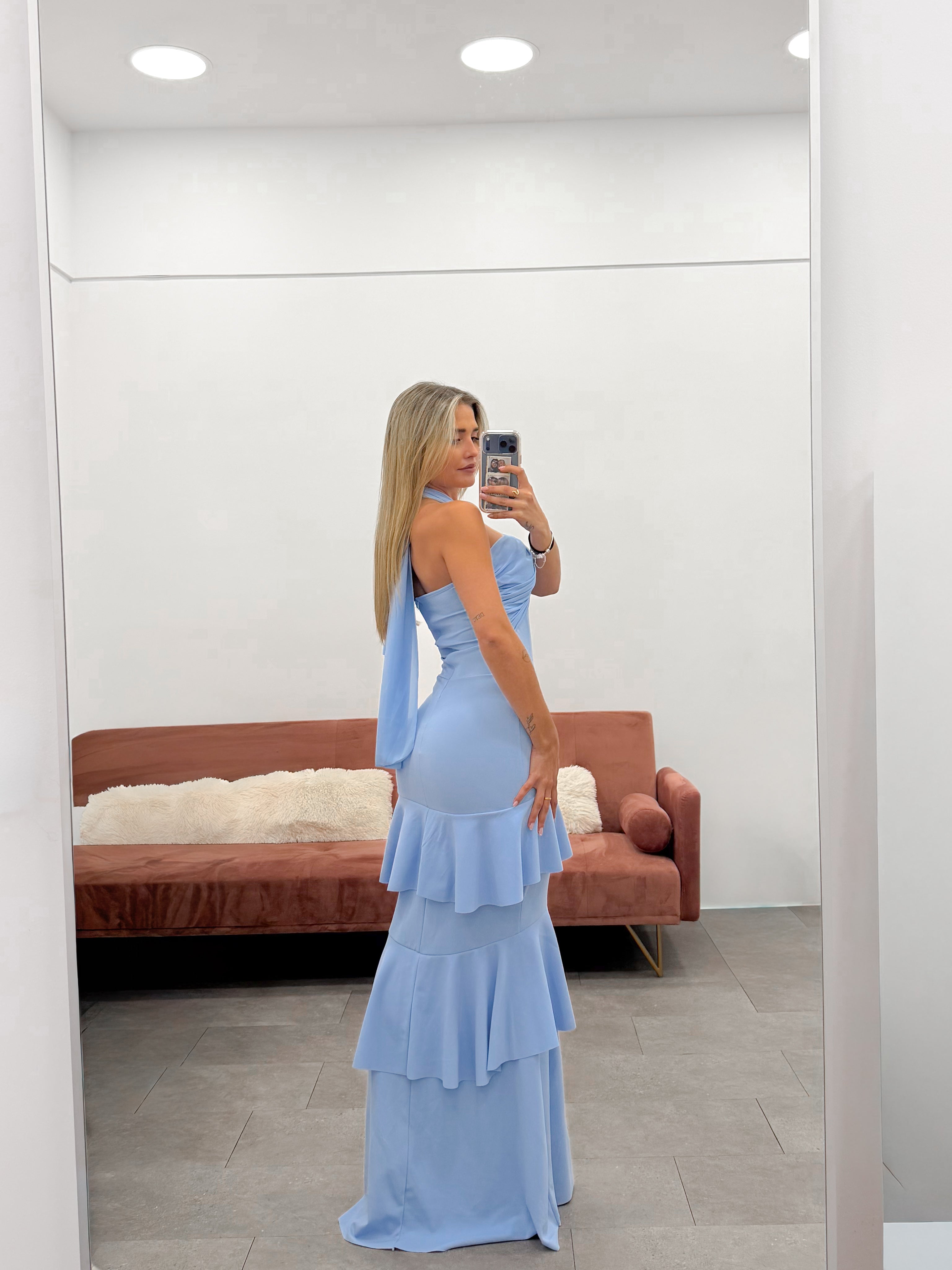 Vestido volantes multi tulle celeste