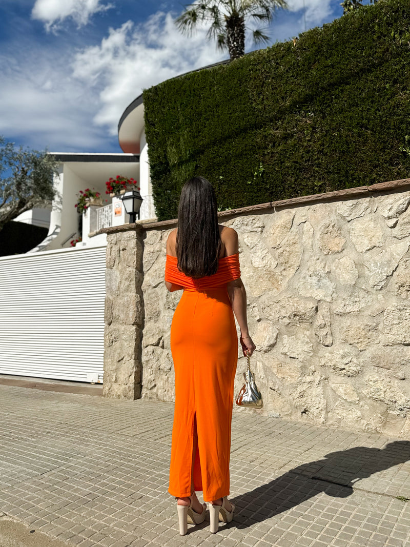 Vestido midi bardot tulle naranja