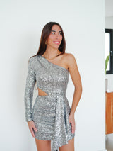 Vestido glitter asim volante plata