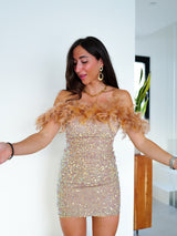 Vestido mini plumas glitter beige