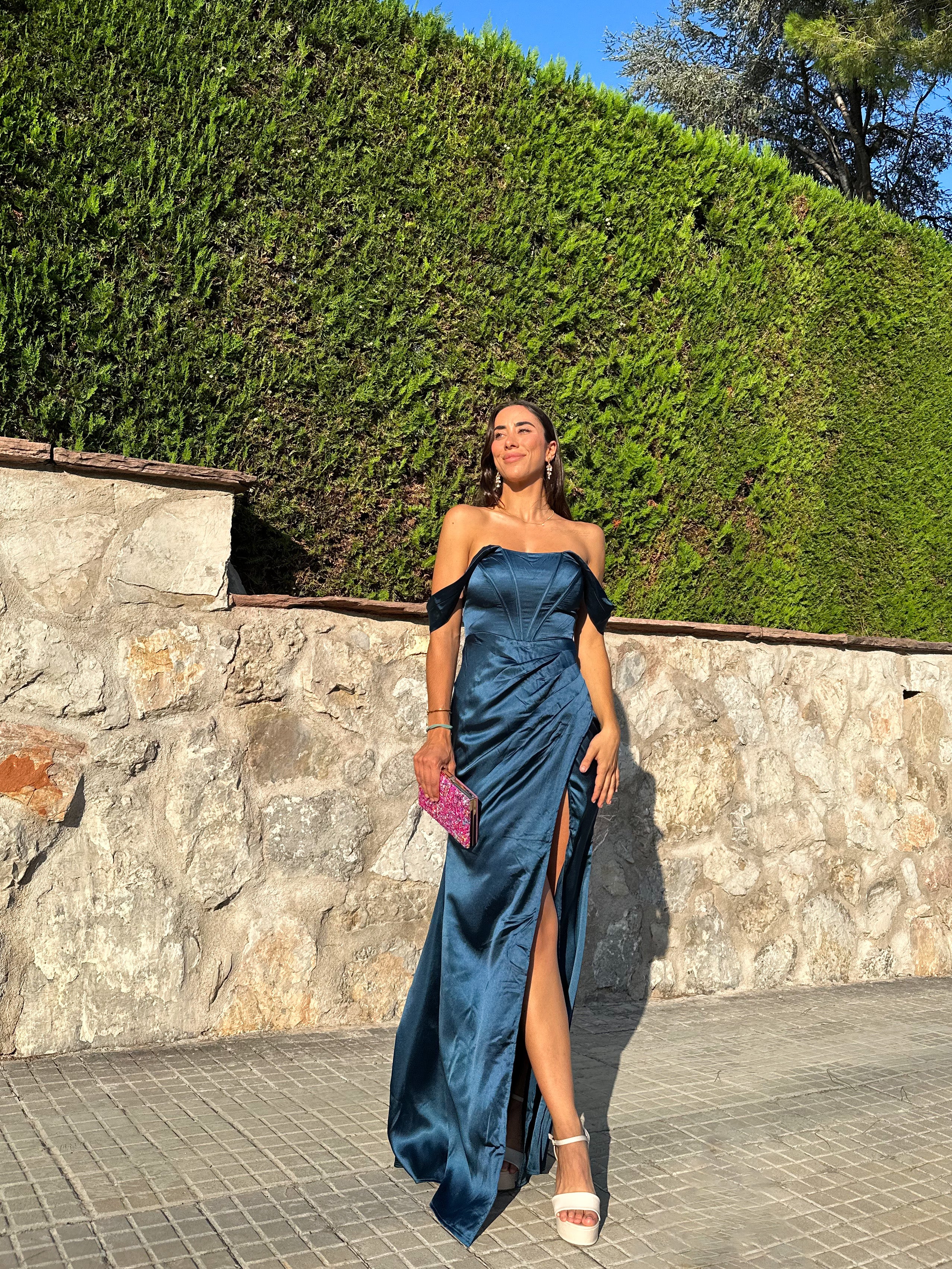 Robe baleines en satin pétrole