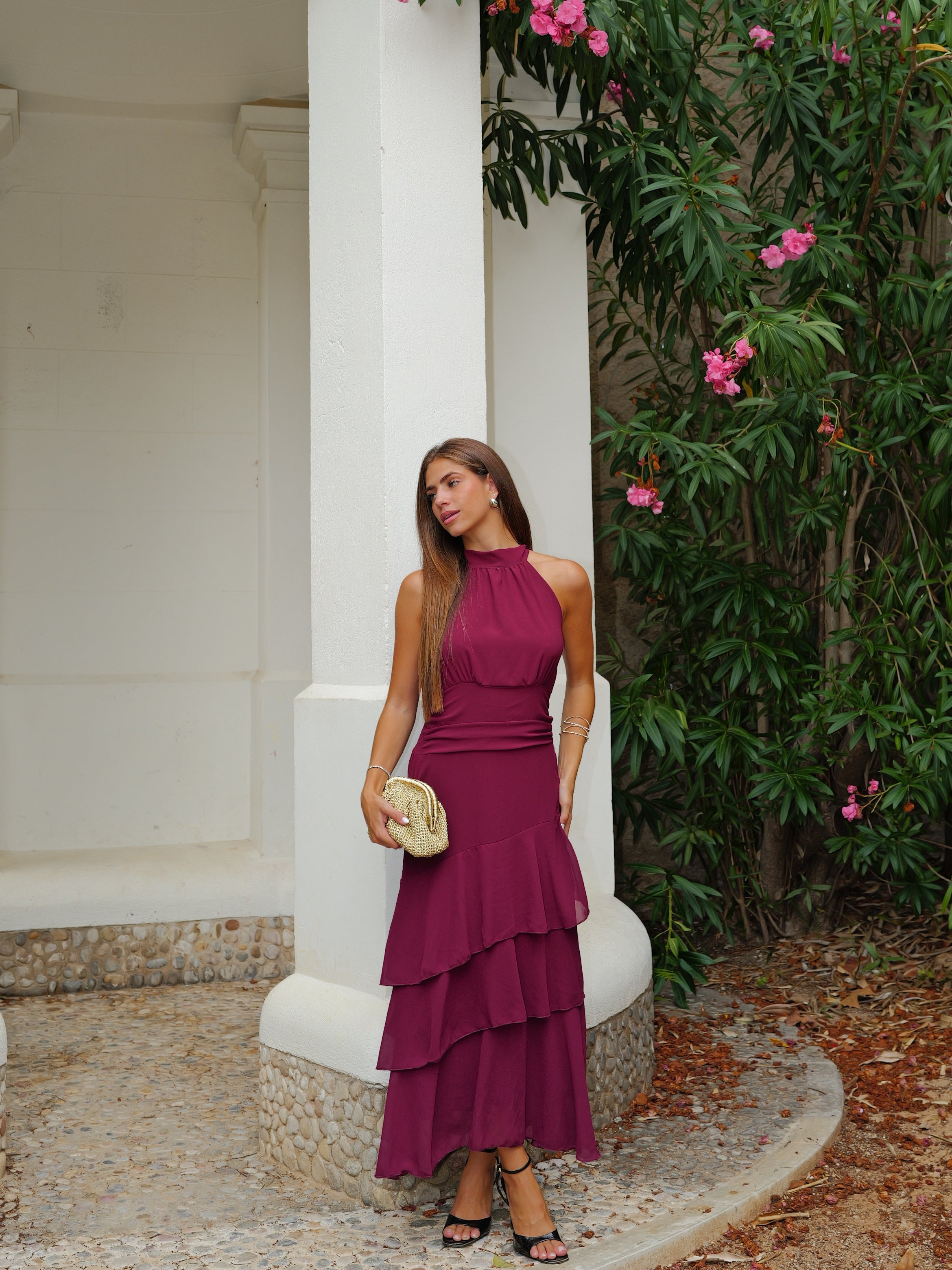 Vestido largo halter lazo liso vino