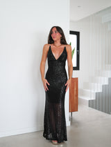 Vestido glitter largo pico negro