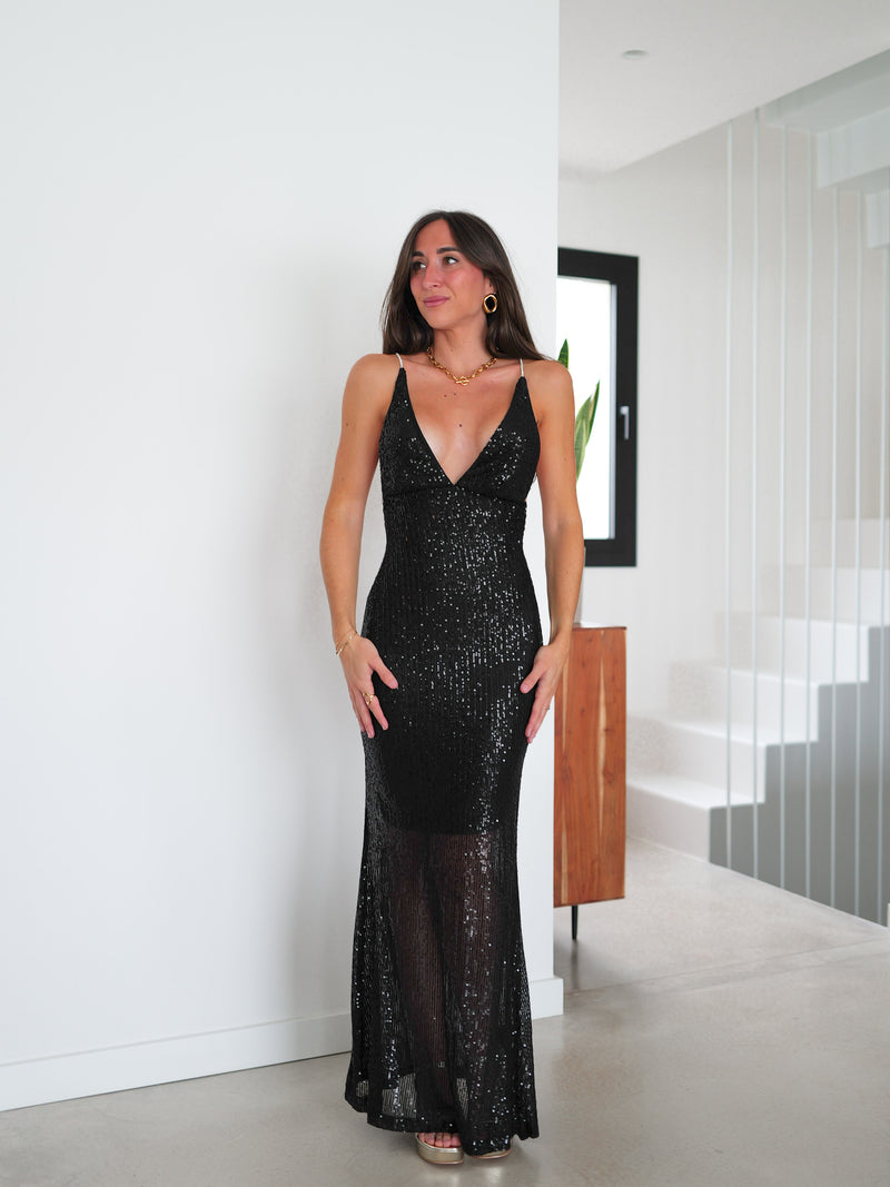 Vestido glitter largo pico negro