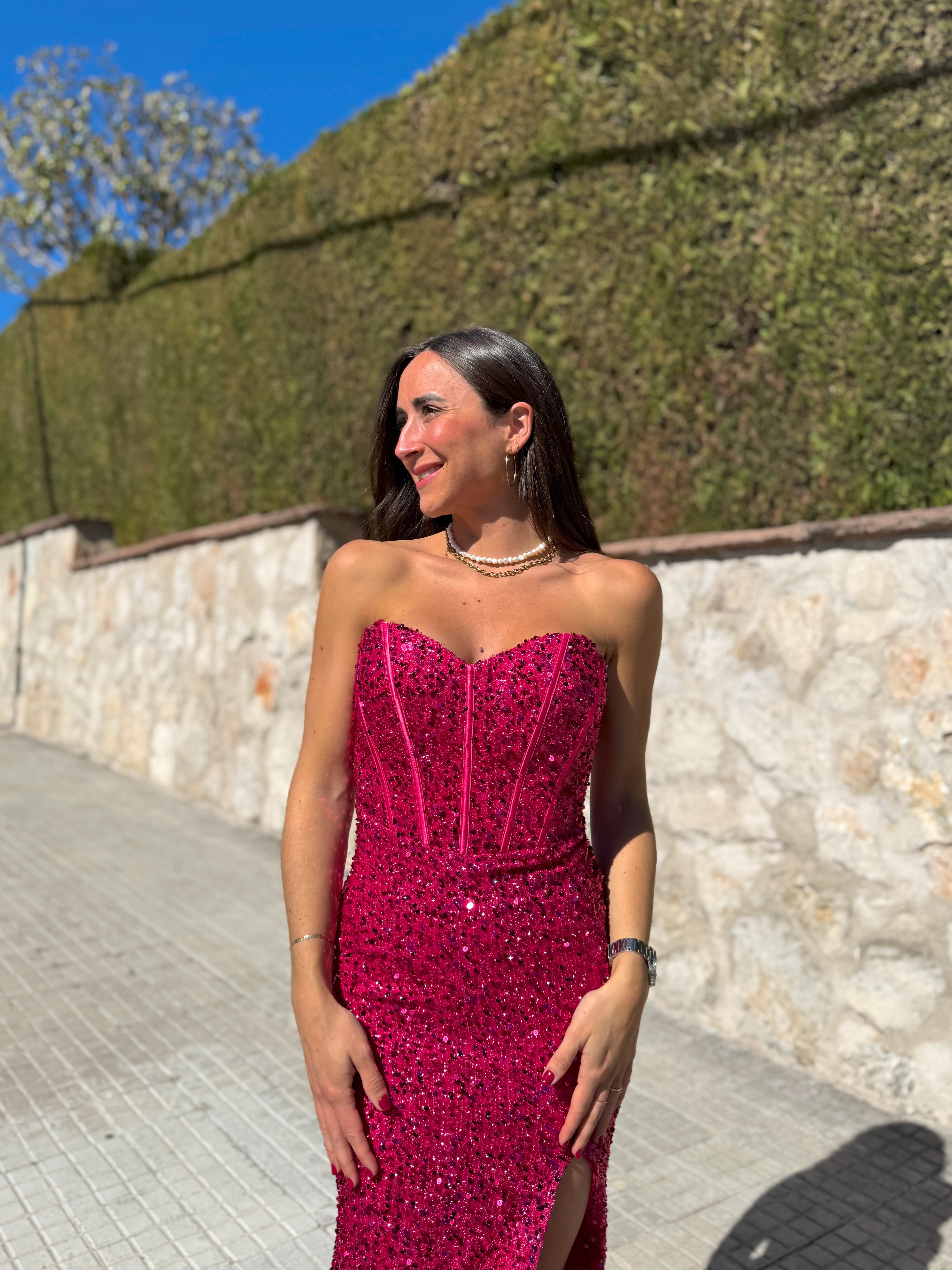 Vestido corse sirena glitter fucsia