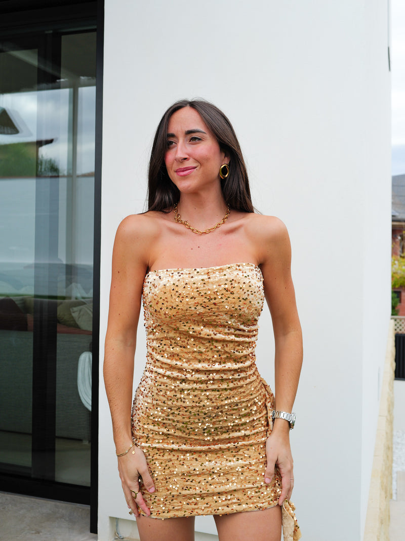 Vestido glitter volante velvet dorado