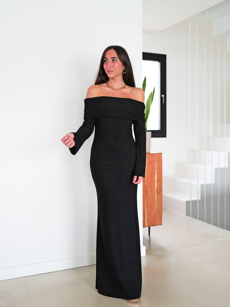 Vestido largo bardot lurex negro