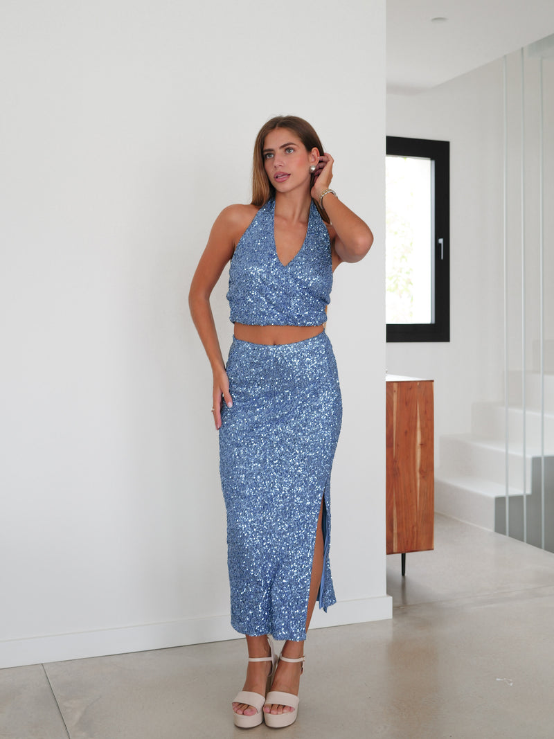 Falda glitter midi azul